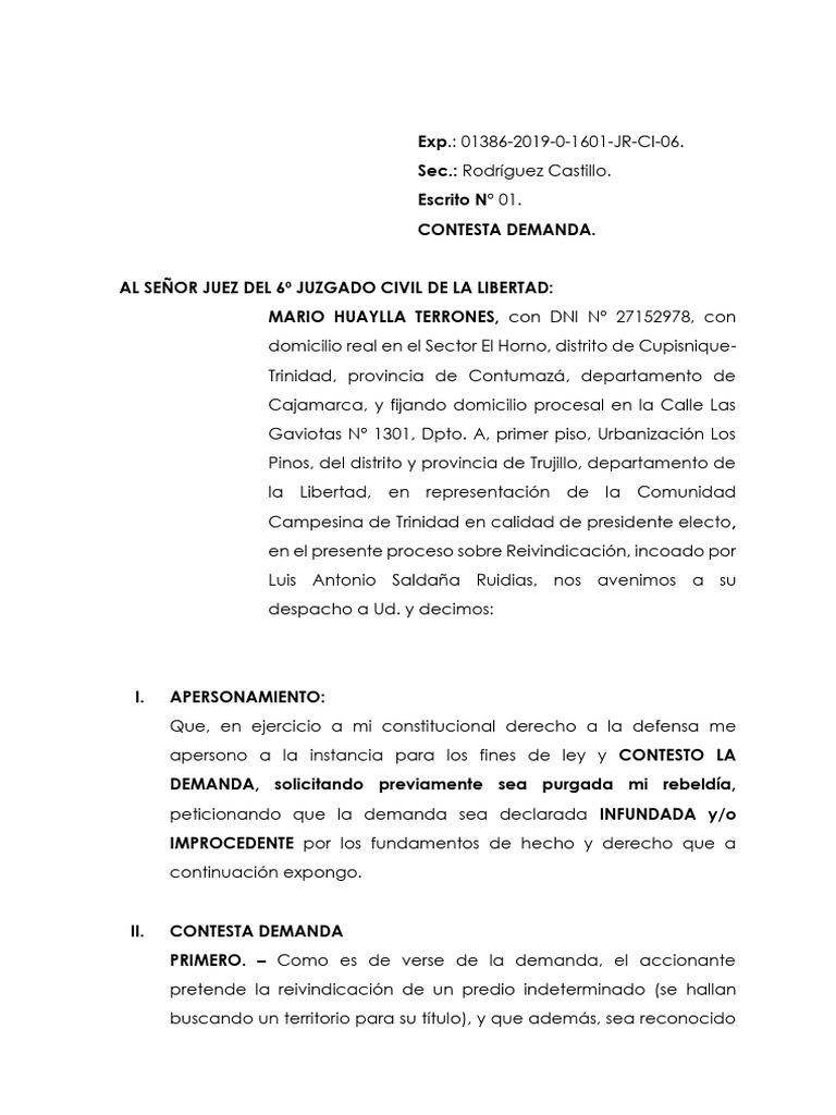 MODELO CONTESTA DEMANDA REIVINDICACION | PDF | Propiedad | Demanda judicial