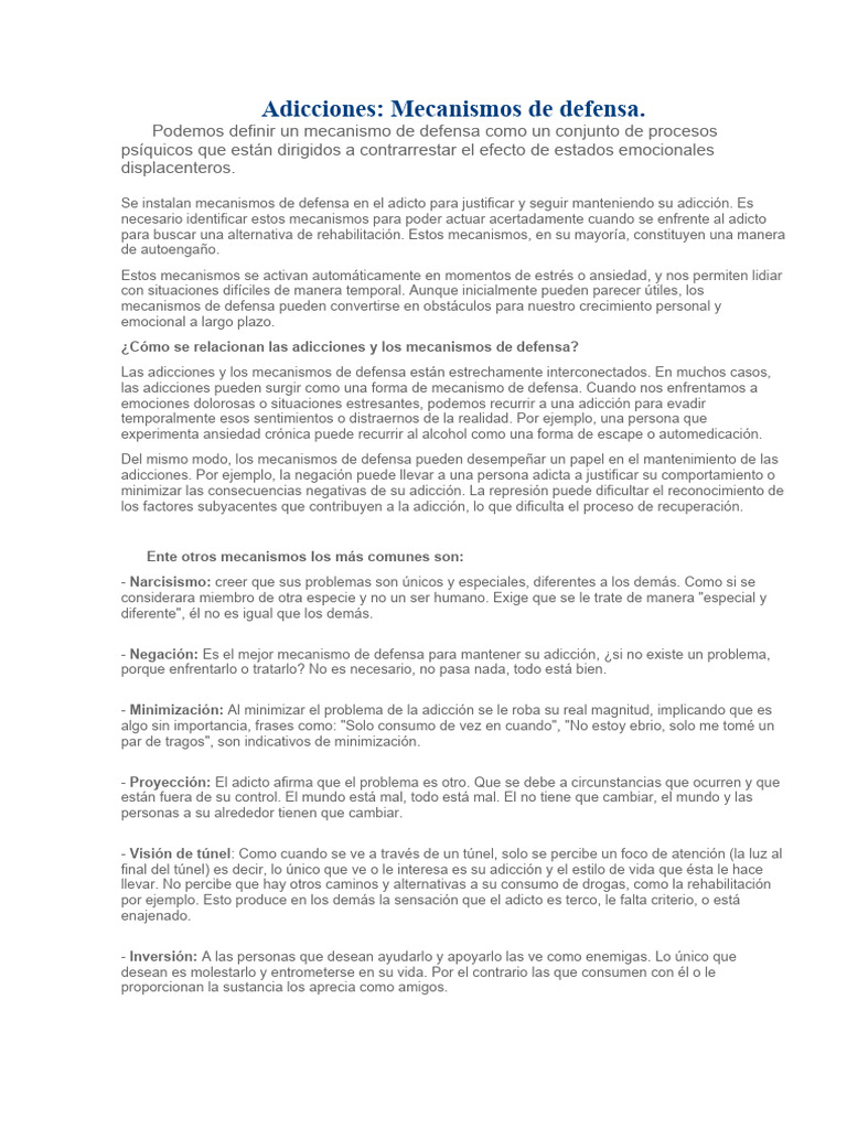 Mecanismos de defensa en adicciones | PDF | Aprendizaje | Comportamiento