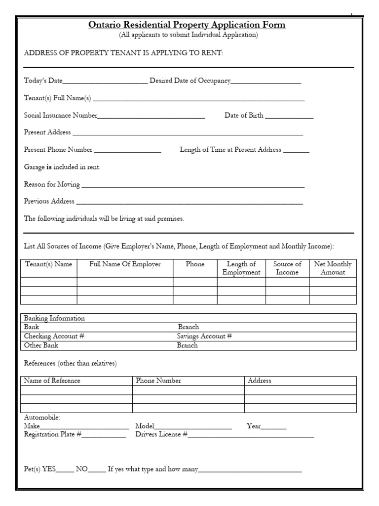 Ontario Residential Rental Application Form | PDF | Lease | Renting