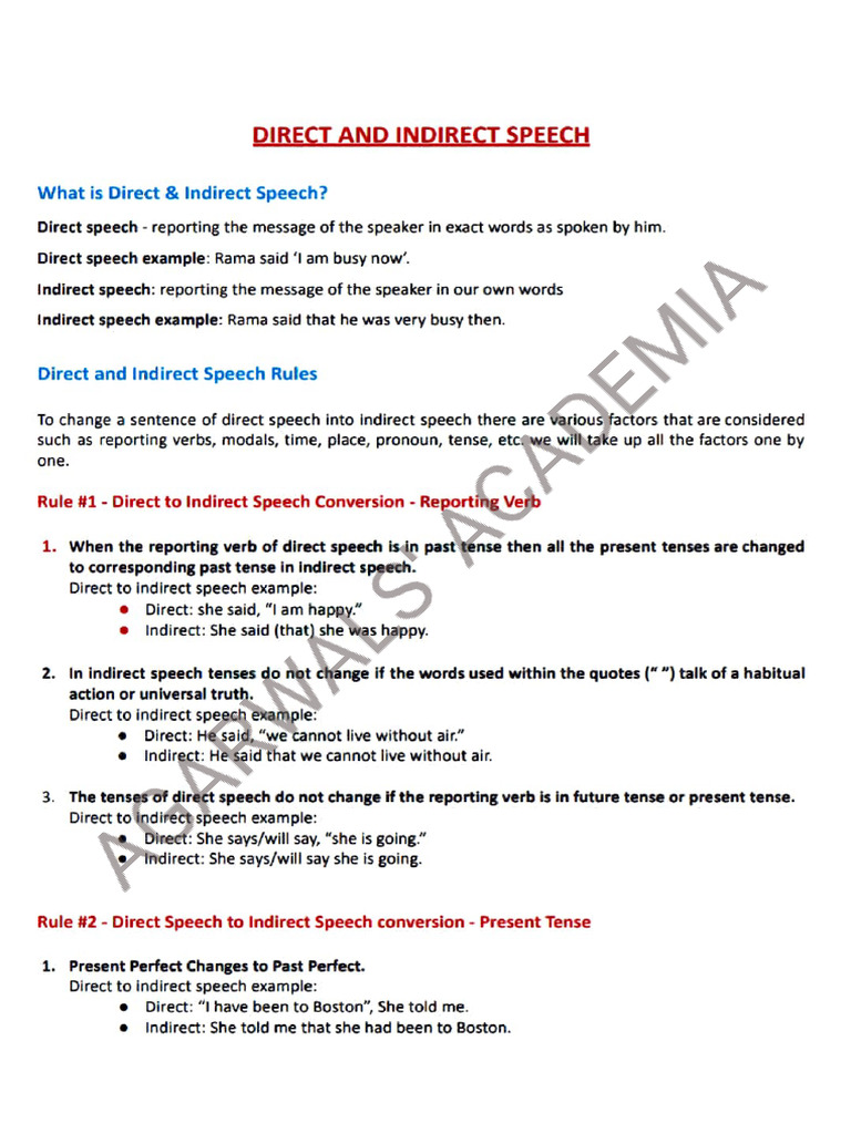 Direct and Indirect Speech Rules Explained | PDF | Grammatical Tense | Verb