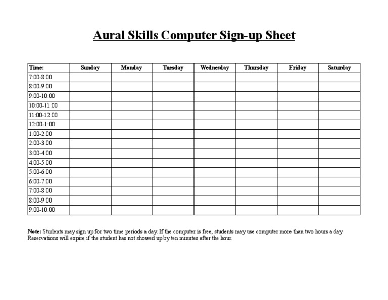 Aural Skills Computer SignUp Sheet Time Sunday Monday Tuesday