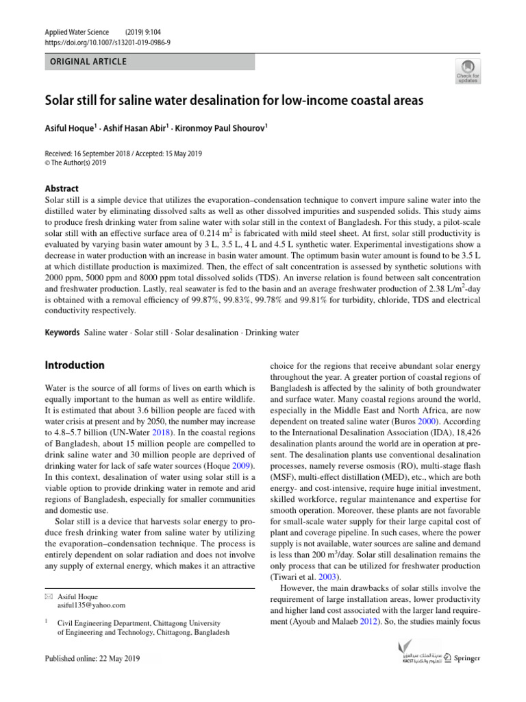 Solar Desalination for Coastal Areas | PDF | Desalination | Water