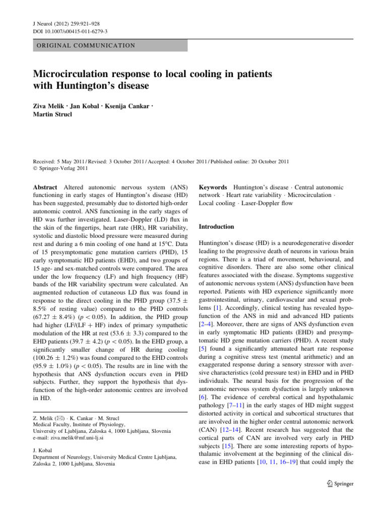 Microcirculation Response to Local Cooling in Patients With Huntington ...