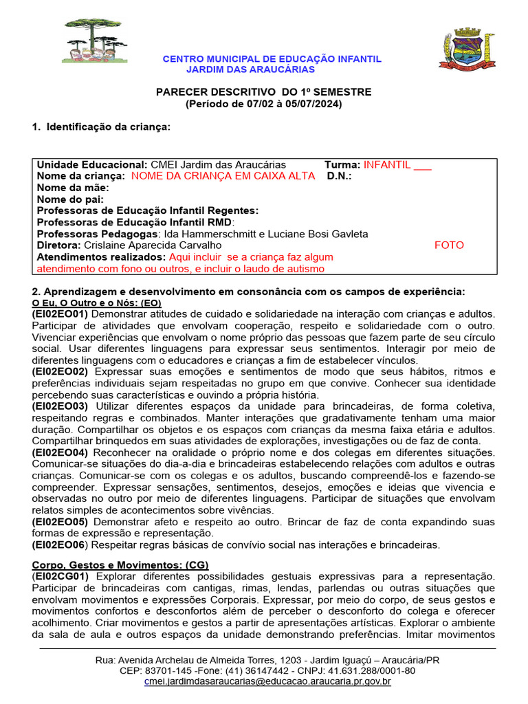 Modelo de parecer descritivo | PDF | Pré-escola | Narrativa