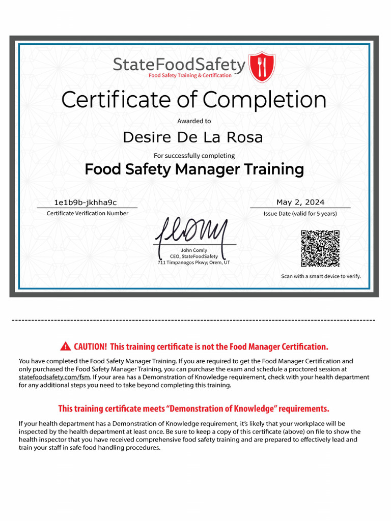 Food Safety Manager Training Certificate | PDF
