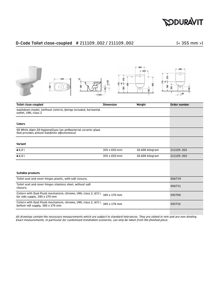 D-Code Toilet Close-Coupled # 211109..002 / 211109..002 | PDF
