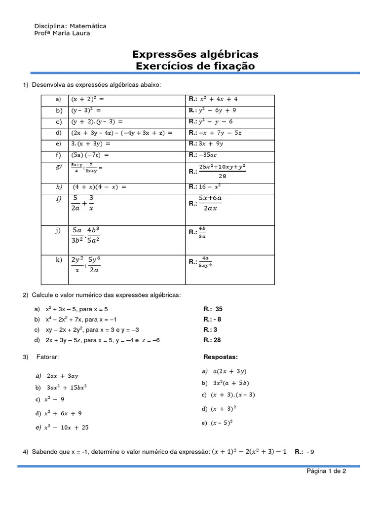 Exercícios de Expressões Algébricas | PDF | Metalógica | Lógica