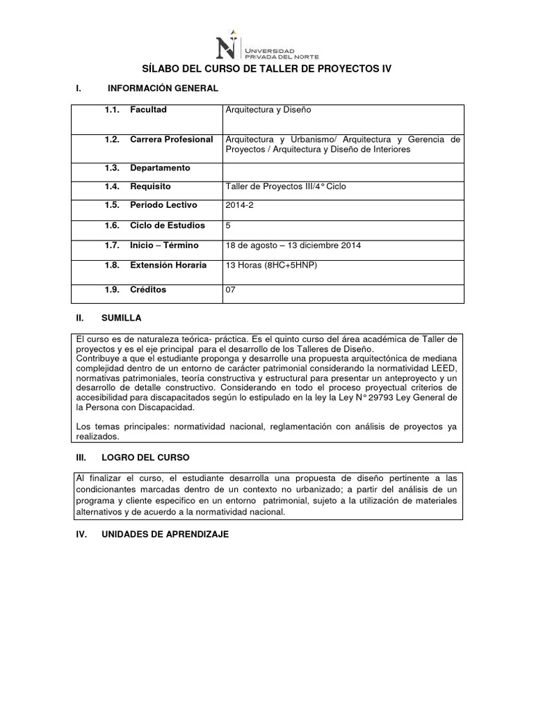 2015 1 - Silabo Taller de Proyectos IV | PDF | Diseño | Evaluación