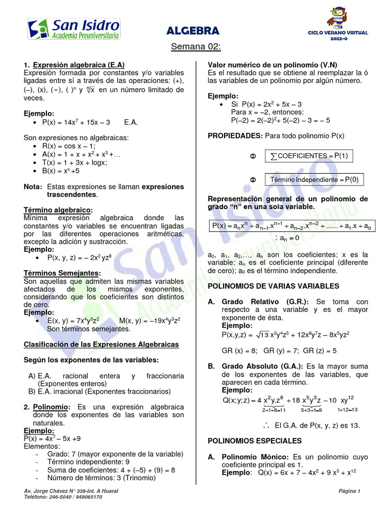 Conceptos y Ejercicios de Álgebra | PDF | Variable (Matemáticas ...