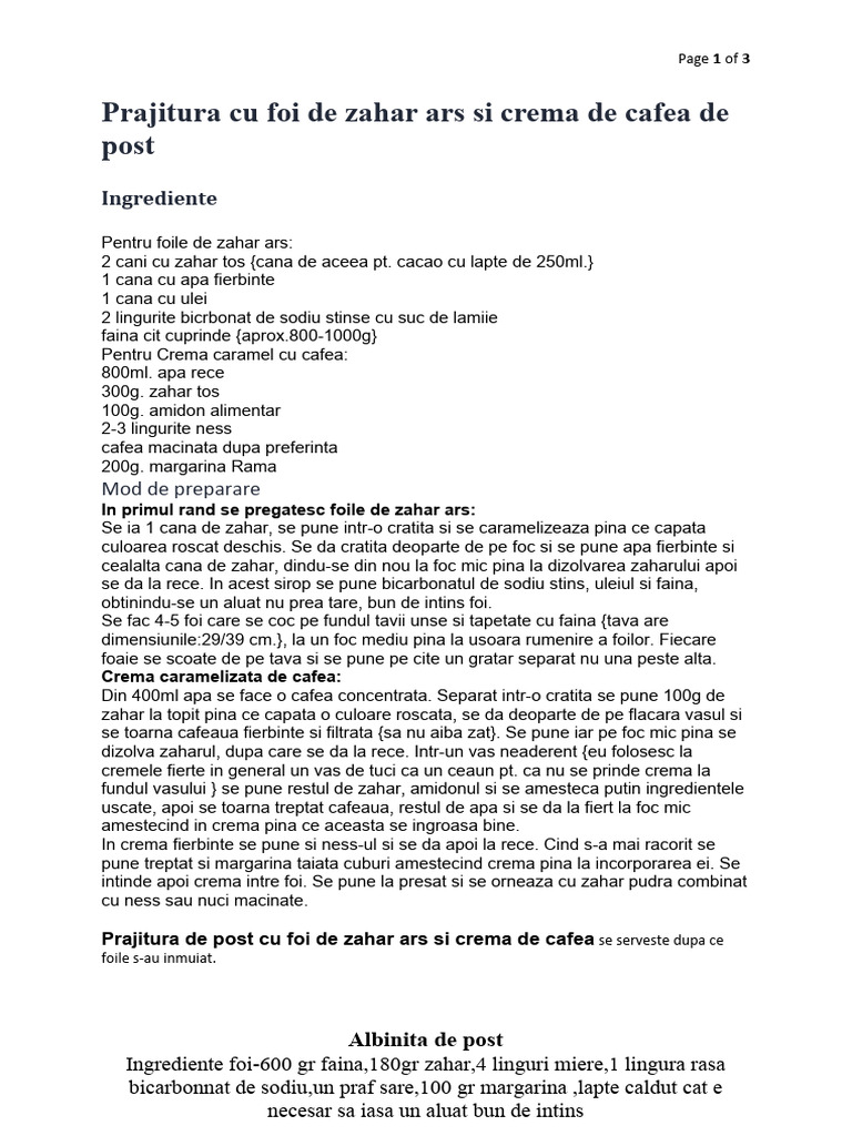 Prajitura Cu Foi de Zahar Ars Si Crema de Cafea de Post | PDF