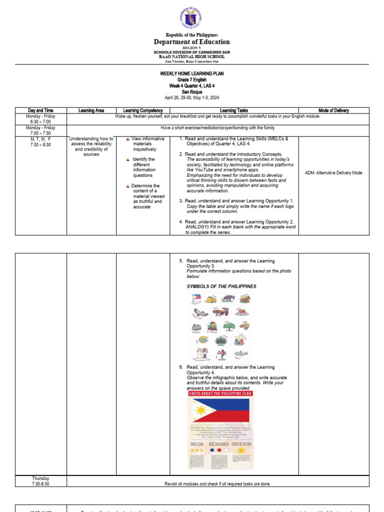 Grade 7 English Weekly Learning Plan | PDF | Learning | Critical Thinking