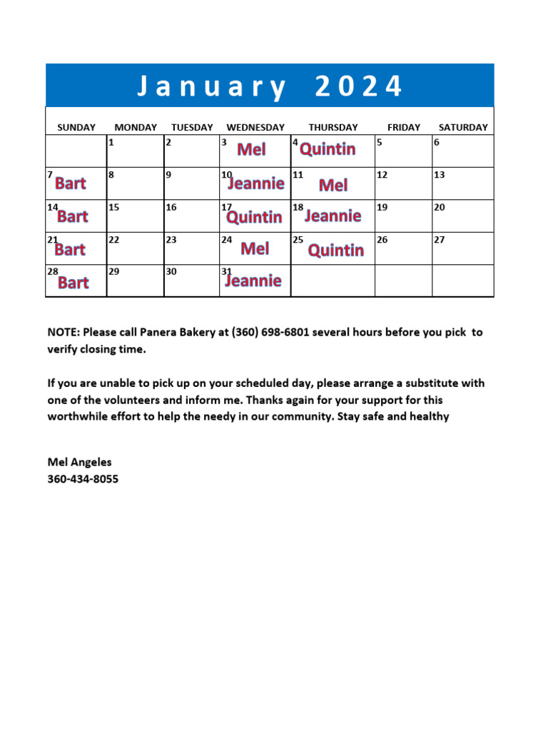 January to December 2024 Volunteer Schedule | PDF