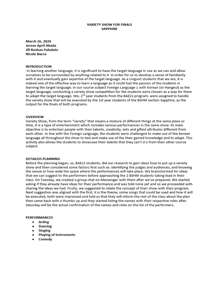 Variety Show Report | PDF | Linguistics