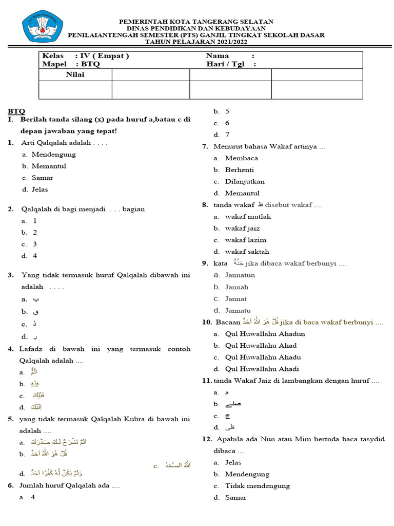 Menggali Potensi Diri Melalui Soal BTQ Kelas 4 Semester 2 dan Kunci Jawaban 2018