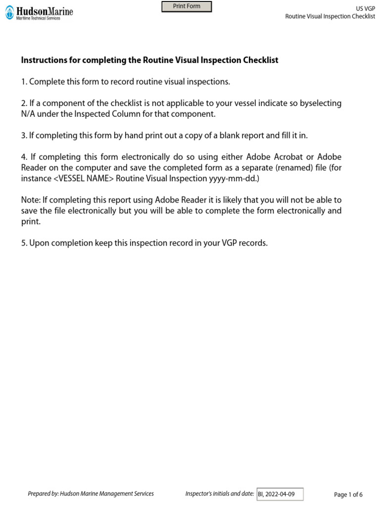 VGP Routine Inspection Checklist | PDF | Environmental Engineering