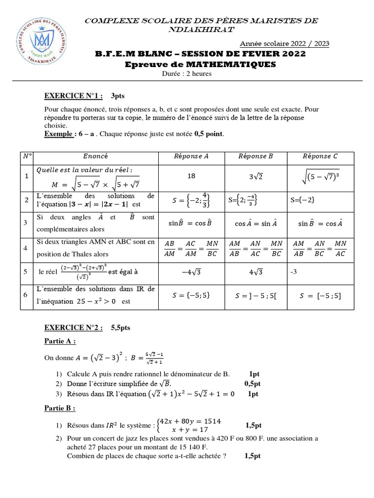 Corrigé Mathématiques BFEM 2024 | PDF | Géométrie | Géométrie euclidienne