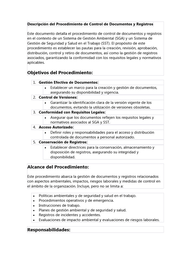 Descripción Del Procedimiento de Control de Documentos y Registros | PDF