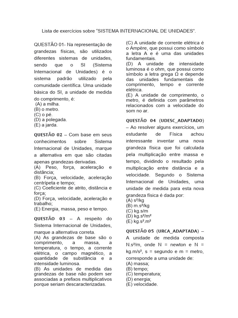 Lista de exercícios fisica | PDF | Sistema internacional de unidades ...