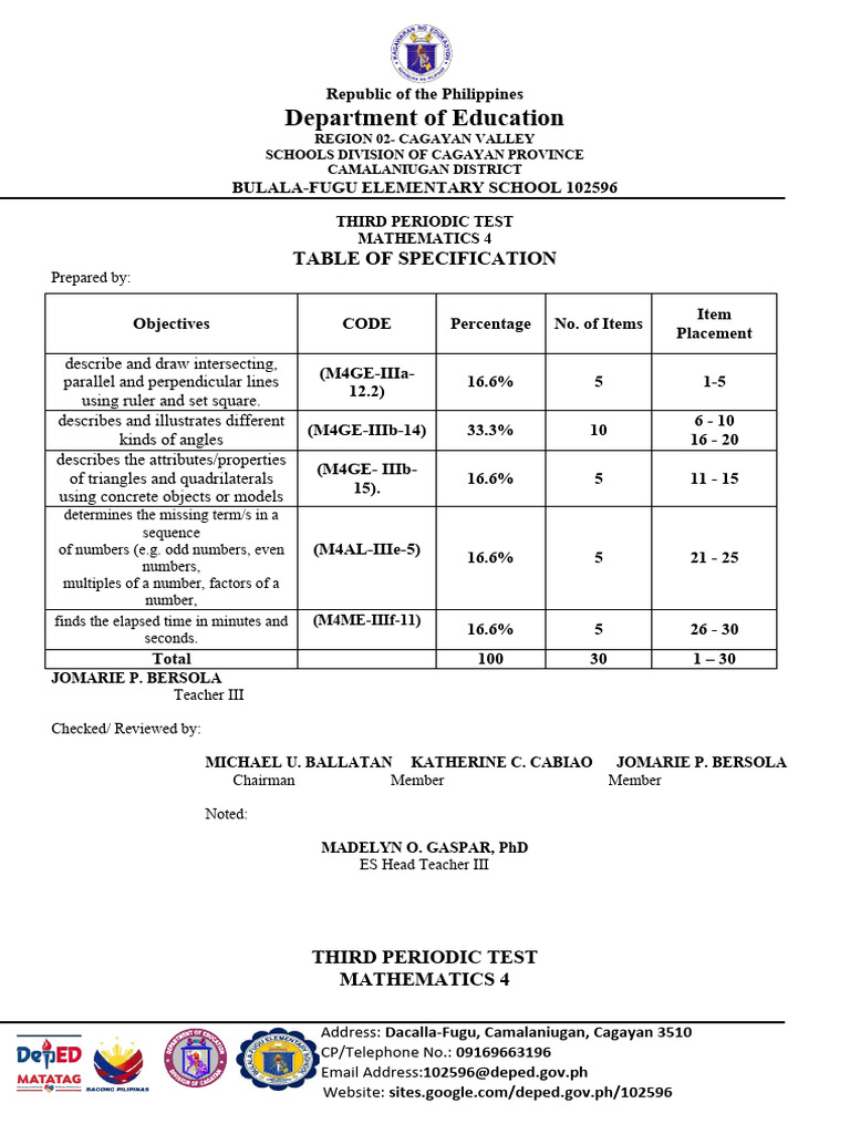 Mathematics 4 Third Periodic Test | PDF | Perpendicular | Triangle