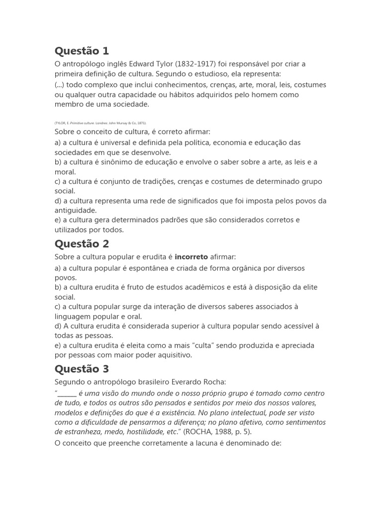 Questões sobre Cultura e Identidade Brasileira | PDF | Cultura popular ...