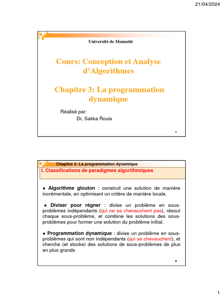 Cours sur la Programmation Dynamique | PDF | Programmation dynamique ...