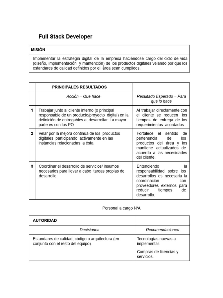 Descripción de Cargo: Full Stack Developer | PDF | Business ...