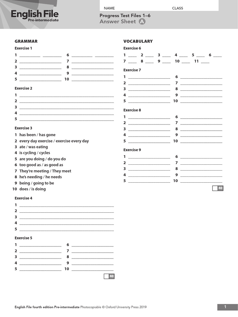 Ef4e Pre Int Progress Test 1 6a Answer Sheet Pdf Linguistics