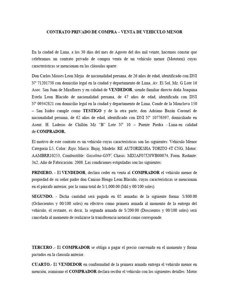 Contrato de Compra-Venta de Mototaxi | PDF | Finanzas y dinero