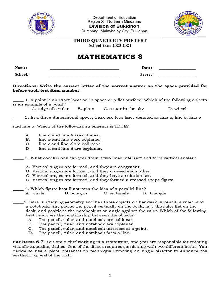 Mathematics 8 Quarterly Pretest | PDF | Triangle | Line (Geometry)