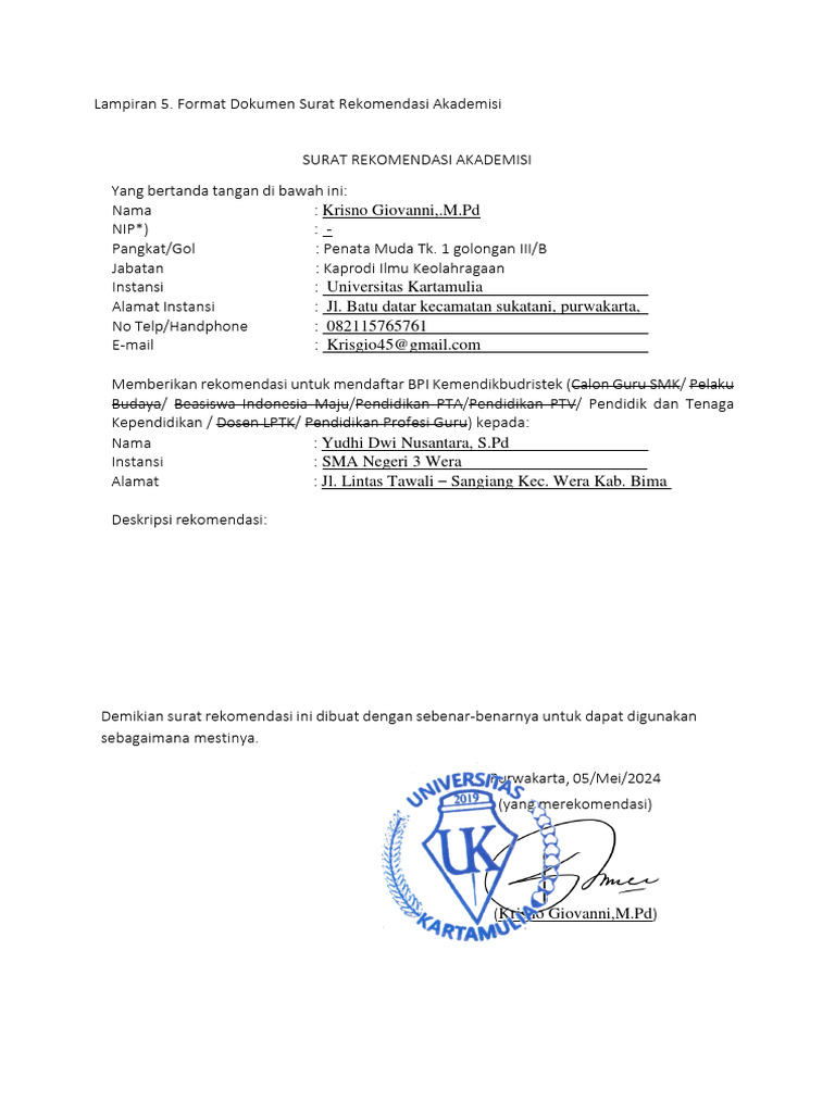 Format Surat Rekomendasi Akademisi | PDF | Ilmu Sosial