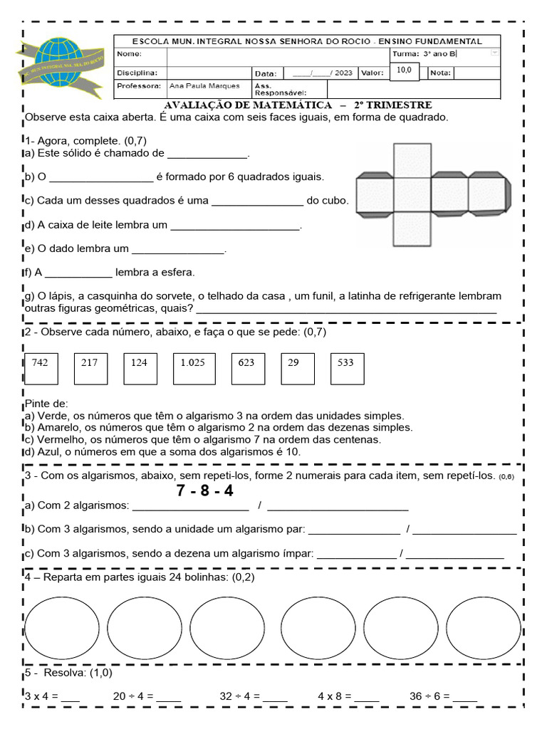 Avaliação MATEMÁTICA 2º Trimestre 3º ANO B 2023 | PDF
