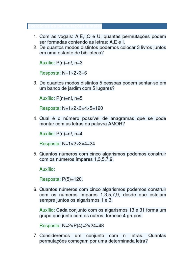 Exercícios de Permutações Simples | PDF | Permutação | Combinatória