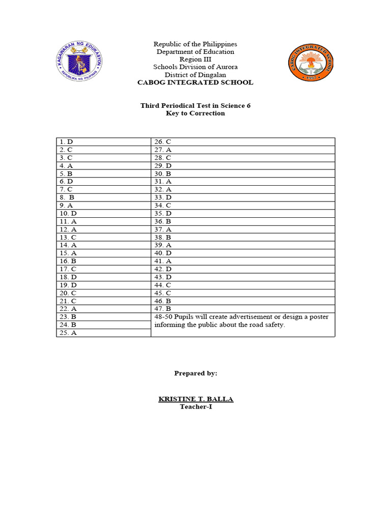 Science 6 Third Periodical Test Answers | PDF | Teaching Methods ...