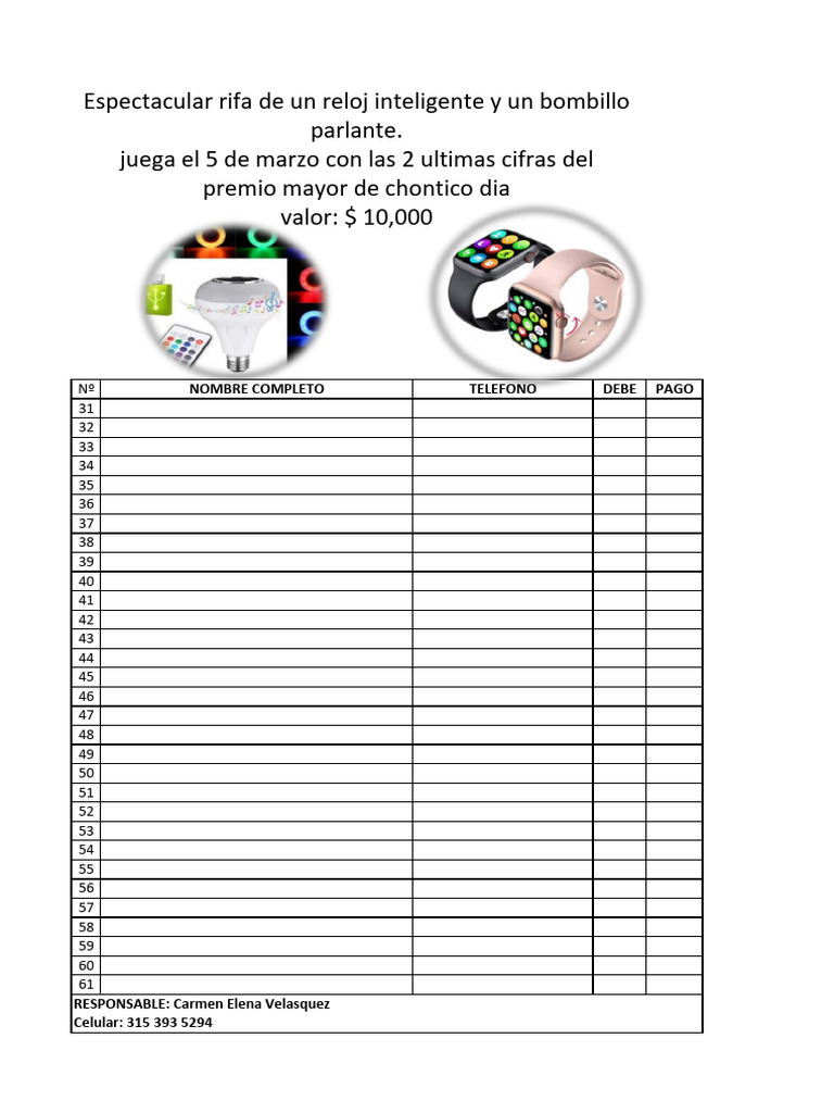 Rifa de Reloj Inteligente y Bombillo Parlante | PDF | Juegos y actividades