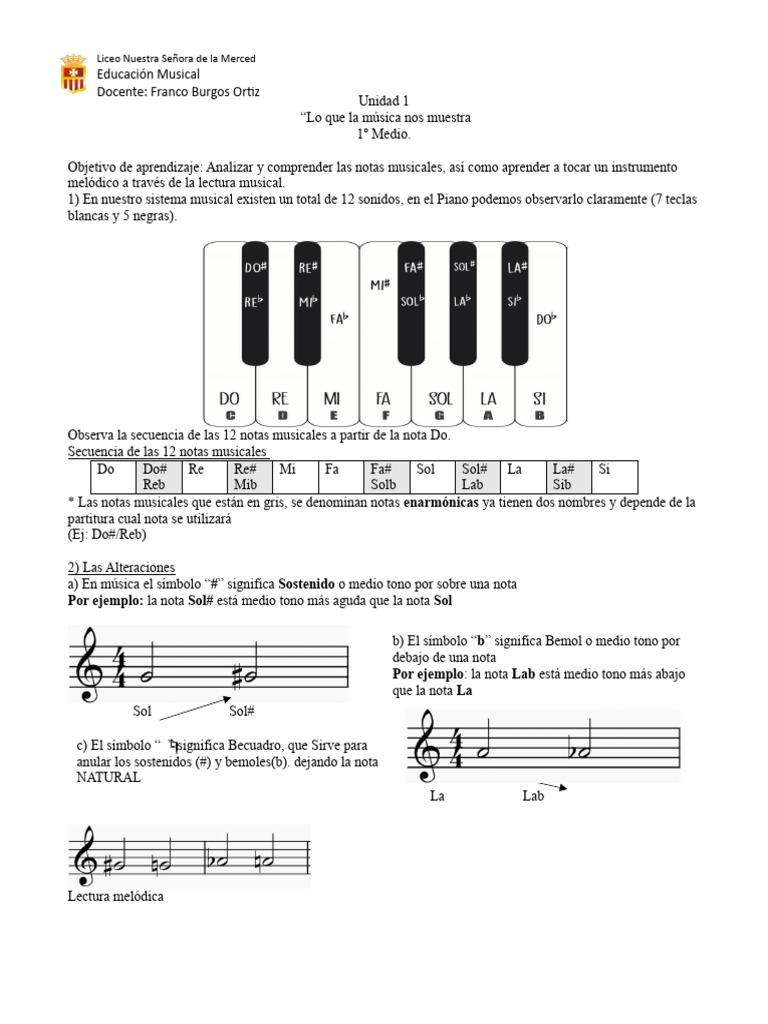 Guía de Trabajo 1° Medio Notas Musicales en El Pentagrama 2024 | PDF ...