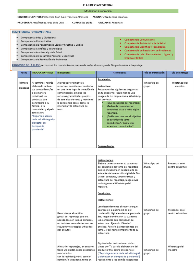 Plan de Clase: Reportaje Salud Pandemia | PDF | Crecimiento personal y ...