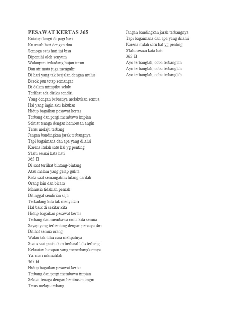 Lirik Lagu Pesawat Kertas 365 Hari | PDF | Pengembangan Diri