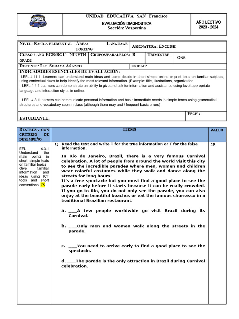 English Diagnostic for 9th Grade | PDF | Human Communication | Linguistics