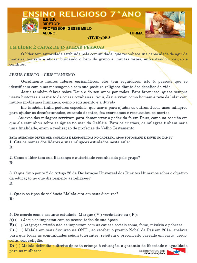 3° Atv - 7° Ano - Lideranças Jesus e Malala | PDF | Jesus | Liderança