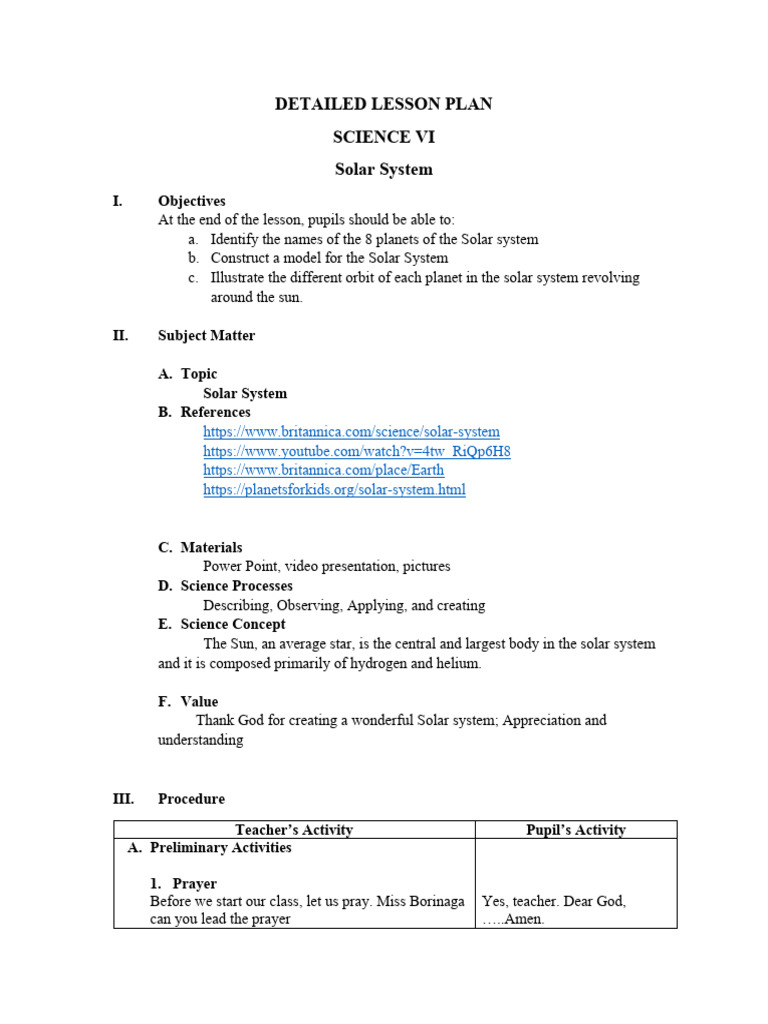 Solar System Lesson Plan for Grade VI | PDF | Planets | Solar System