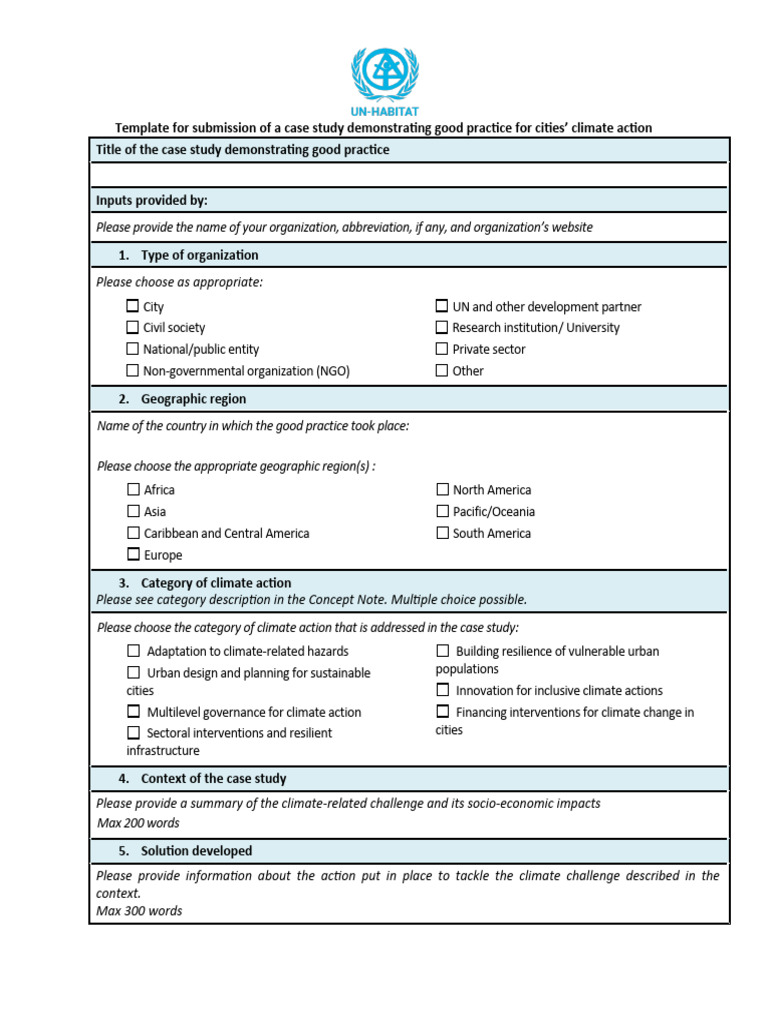 Template For Case Study Submission Un Habitat WCR 2024 | PDF | Climate ...