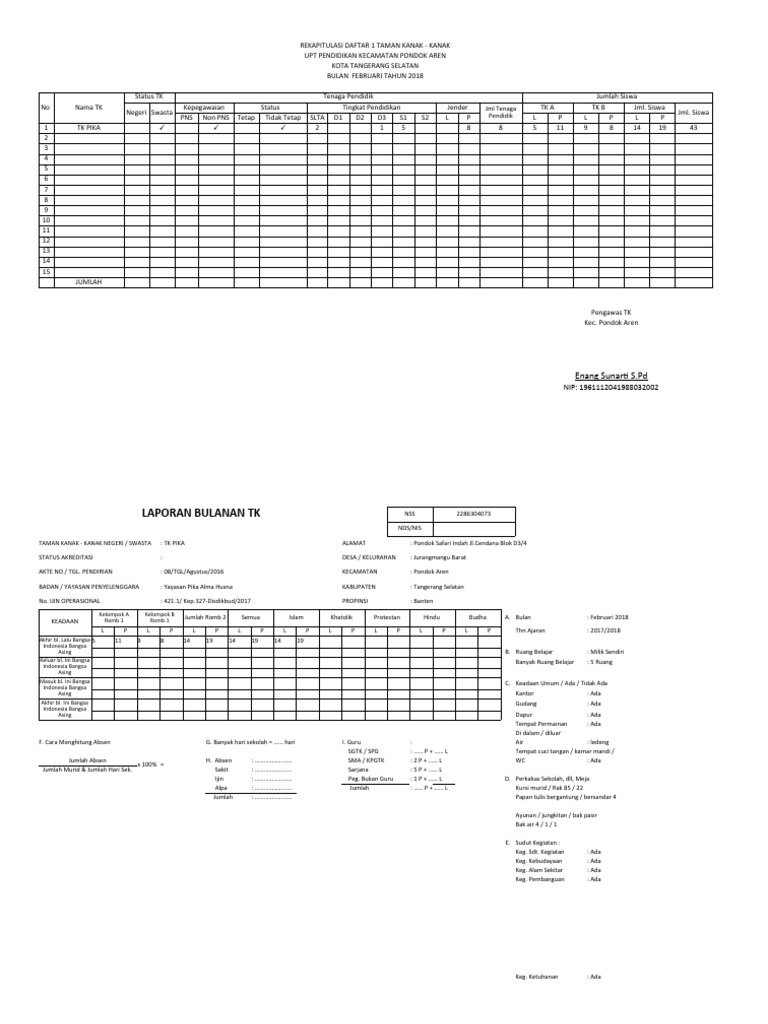 Rekapitulasi Data TK PIKA Februari 2018 | PDF