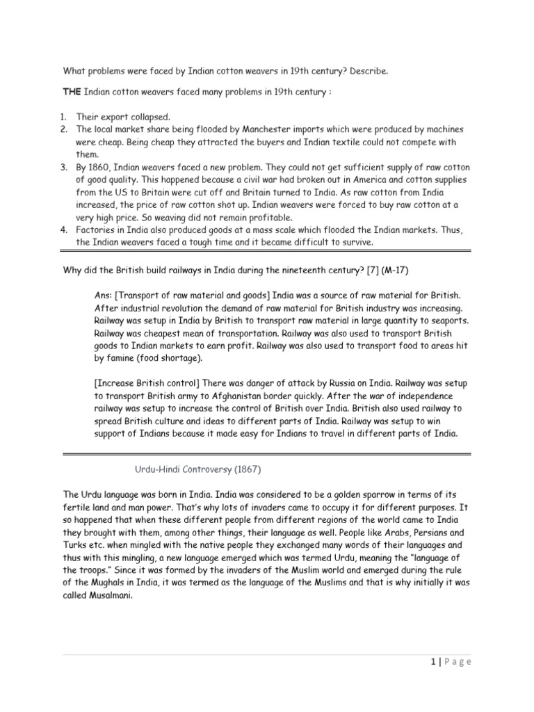 What problems were faced by indian cotton weavers in 19th century pdf