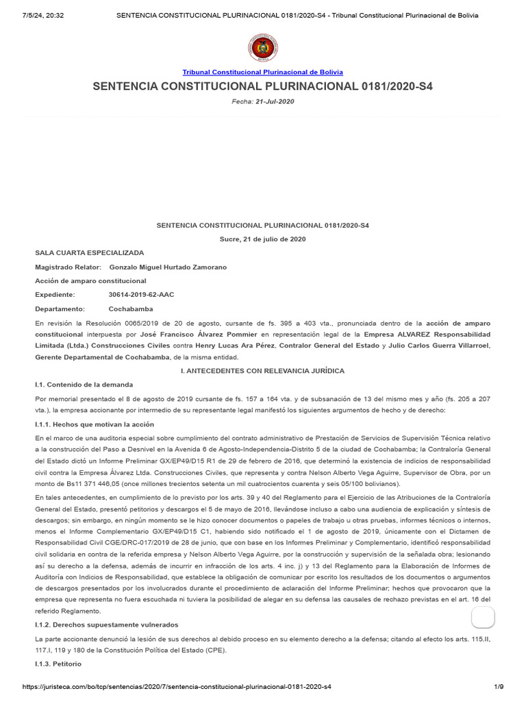SENTENCIA CONSTITUCIONAL PLURINACIONAL 0181 - 2020-S4 - Tribunal