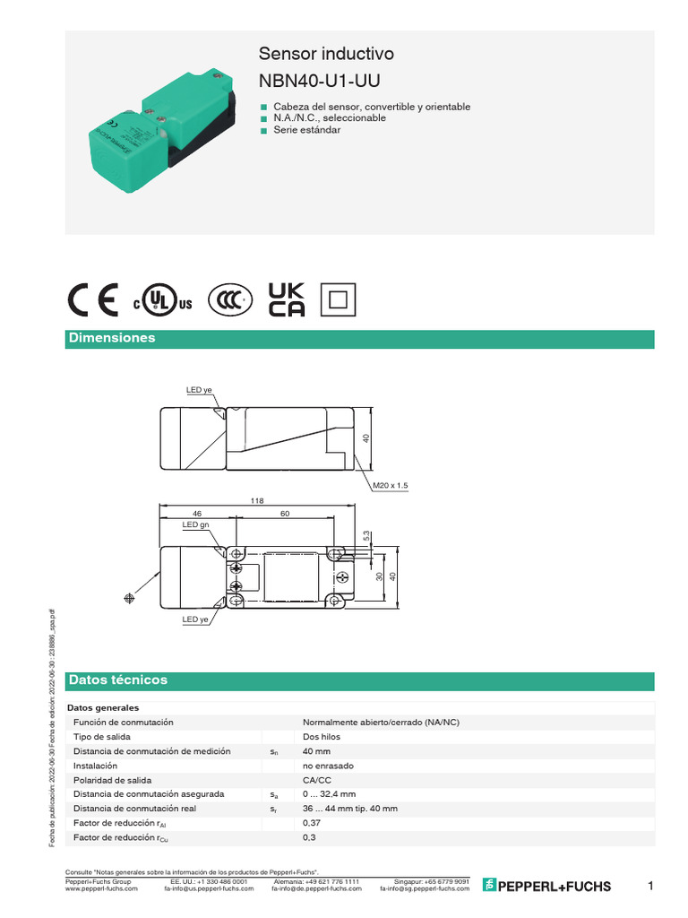 Sensor Inductivo NBN40-U1-UU | PDF