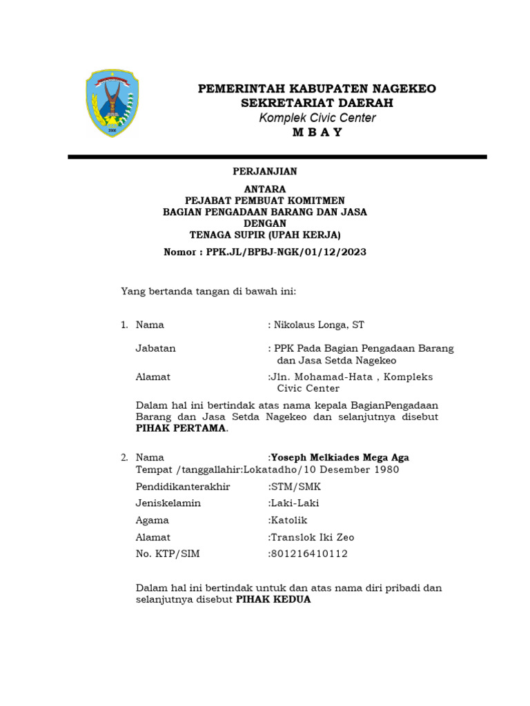 Format Perjanjian Jasa Lainnya (Sopir) | PDF | Pengelolaan Keuangan & Uang