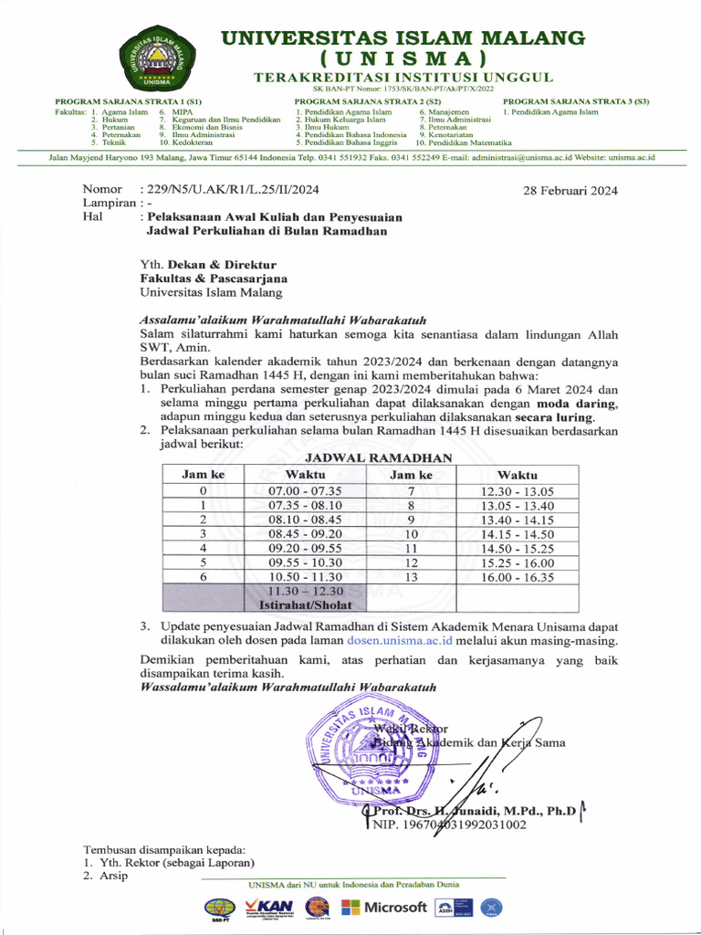 Pelaksanaan Awal Kuliah Dan Penyesuaian Jadwal Perkuliahan Di Bulan ...