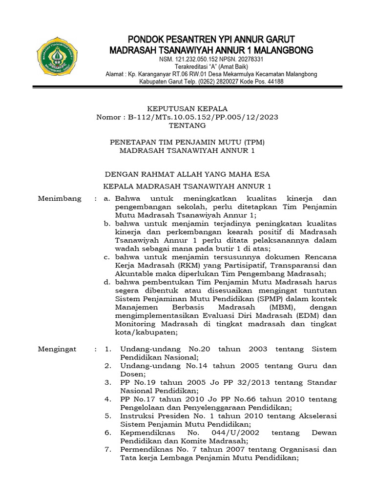 Penetapan Tim Penjamin Mutu 2023 | PDF