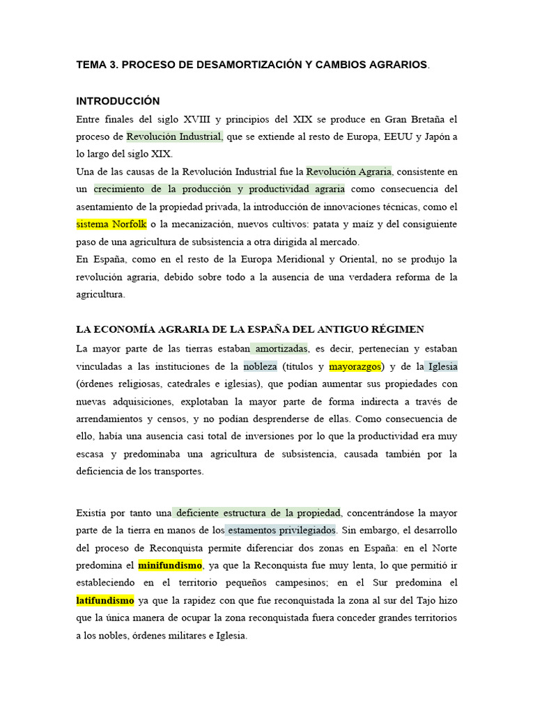 TEMA 3. DESAMORTIZACIONES Y CAMBIOS AGRARIOS PDF Agricultura