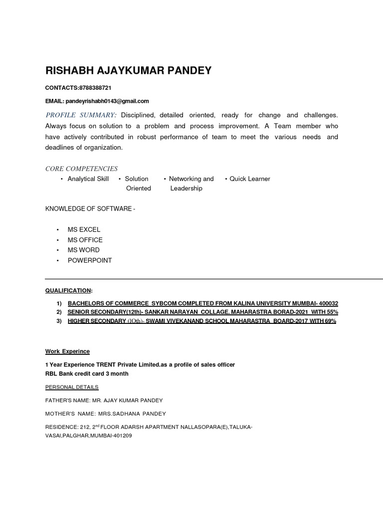 Rishabh Pandey: Sales Officer Resume | PDF | Career & Growth | Art